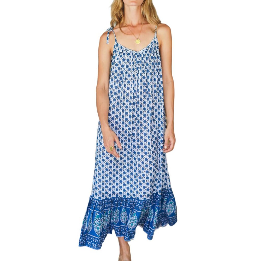 Emerson Fry India Collection Heritage Blue Flowers Sundress Maxi Dress XS/S - Picture 10 of 10